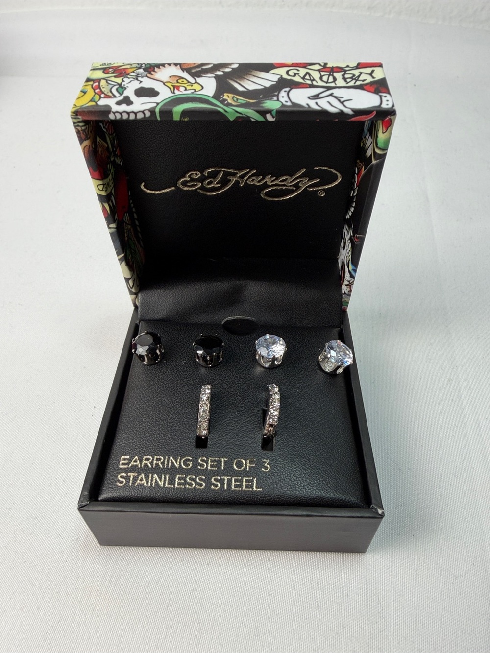 Ed Hardy men’s 3-piece stainless steel stud earrings set